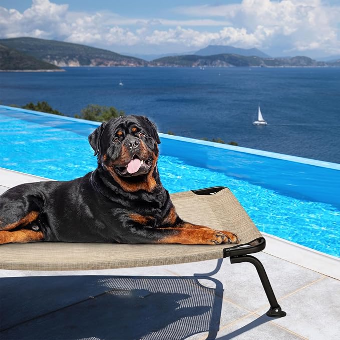 Veehoo Outdoor Elevated Dog Bed, Cooling Raised Dog Cot Bed XL, Portable Waterproof Curved Dogs Hammock Beds for Outside, up to 150lbs, Black Legs, Beige 49"