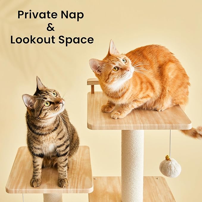 Modern Cat Tree - 64 inch Cat Tower for Indoor Cats, Multi-Level Cat Condo with 7 Fully Wrapped Scratching Posts, 2 Perches, Hammock, Removable Pad & Dangling Balls-Light Brown