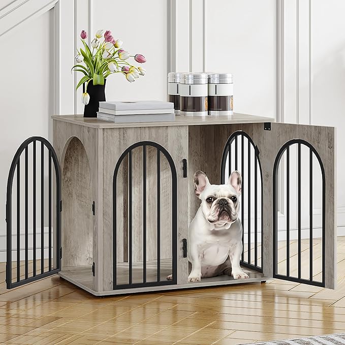 26.8'' Wooden Dog Crate Furniture, Indoor Dog Kennel Dogs Cage for Small Dogs, Heavy Duty Dog Crates Decorative Pet House End Side Table TV Stand, Greige DFC85505B