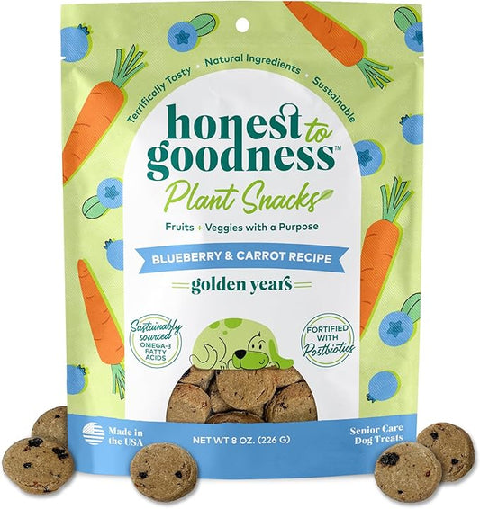 Honest to Goodness Plant Snacks Golden Years Blueberry & Carrot Recipe Dog Treats, Enriched with Omega 3s & Postbiotics, 8oz