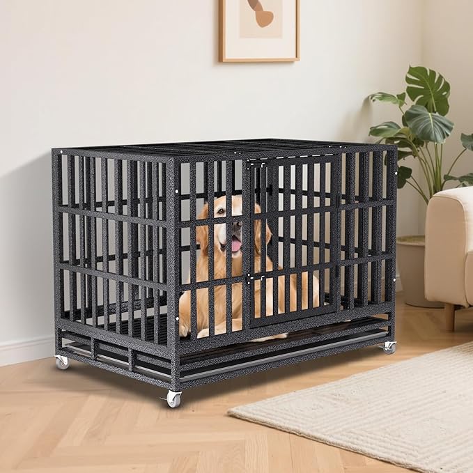 Enhanced Heavy Duty Dog Kennel Crate Cage with Strong Metal Frame, Double Doors and Lockable Wheels, for Extra Large Dog Breeds, Pet Playpen (Square, 48 inch)