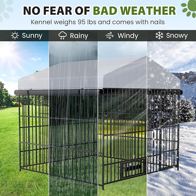 Rovibek Outside Dog Kenne with Roof, Outdoor Dog Kennel with 3 Sides Sun-Proof Cover,Large Dog Kennel Outdoor, Dog Run Enclosure with 2 Rotating Bowls for Large Dogs