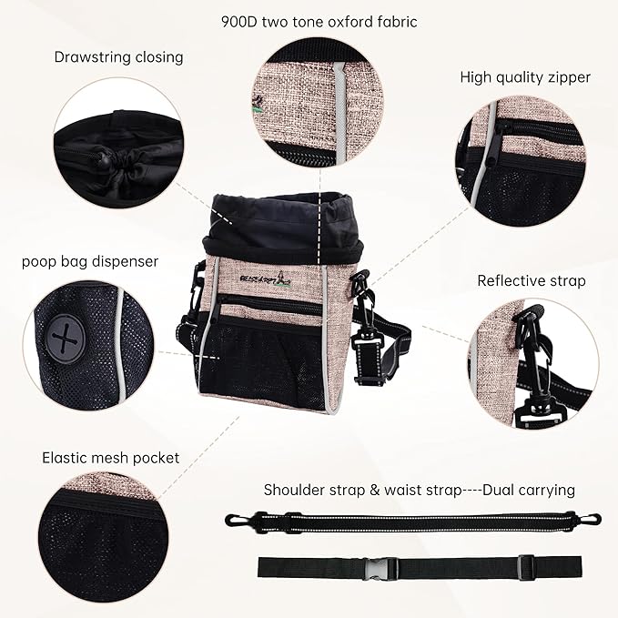 Dog Treat Pouches Training Walking Bag with Shoulder Strap, Large Space for Pets Food, Polyester Fabric, 3-Way Wearing Design, Portable Pet Bagand Easy to Clean (Ginger)