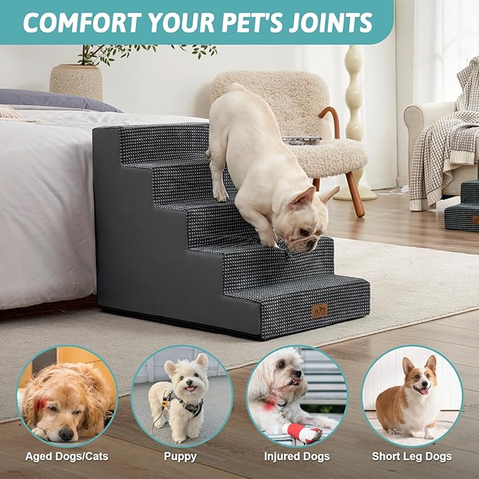 Dog Stairs for Small Dogs, 5 Tier Wider Pet Stairs for High Beds, 23.6" H Non-Slip Dog Steps for Old Cats, Puppies, Small Medium Dogs, 19.7x29.5x23.6 inch, Dark Grey