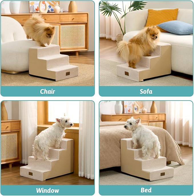Dog Stairs for Small Dogs, 4 Tier Pet Stairs for Couch and Beds, 17.7" H Non-Slip Dog Steps for Old Cats, Puppy, Small Medium Dogs, 15.7x23.6x17.7 inch, Beige