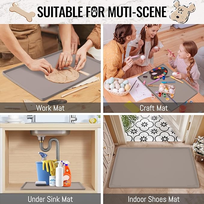 MateeyLife Dog & Cat Food Mat - Waterproof, Nonslip, Raised Edges, Silicone Tray for Messy Drinkers, 18"x12", Taupe