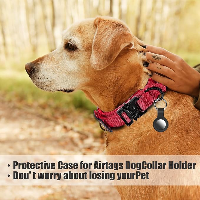 Tactical Military Dog Collar - Adjustable Nylon, Heavy Duty Metal Buckle With Handle for Training, With Patches (Red, M)