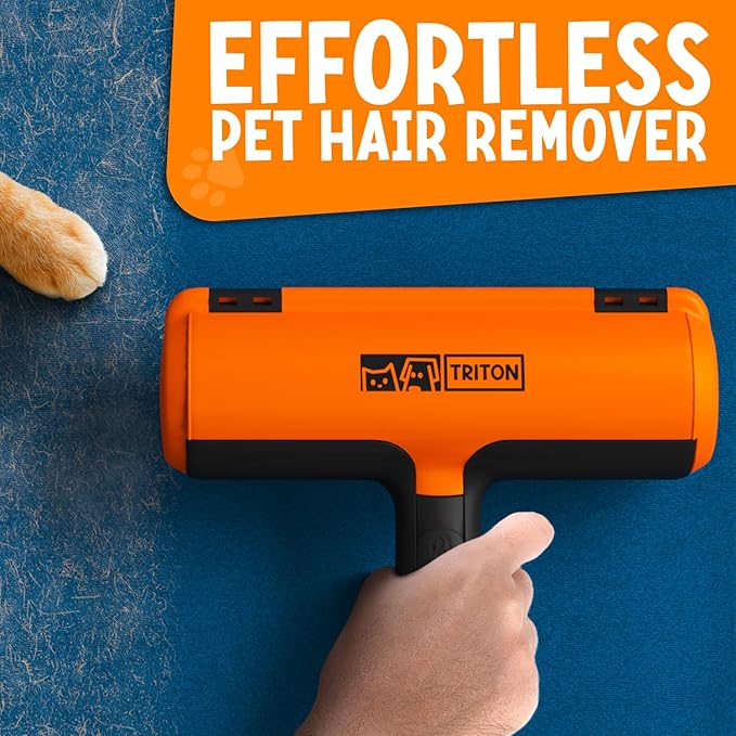 Triton Pet Hair Remover w/Fur Trapping Compartment - Easy to Use Pet Hair Removal Tool - Detachable Handle Cat & Dog Hair Remover for Car, Furniture, Clothes, Couch - Reusable Lint Roller (Orange)
