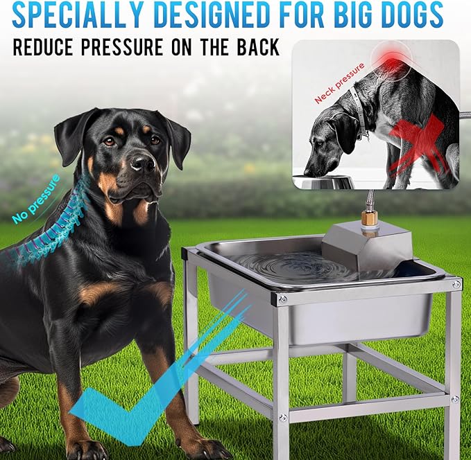 3Gal Automatic Dog Water Bowl Dispenser for Large Dogs Outdoor Elevated Dog Water Bowl with Stand, Stainless Steel Pet Waterer with Float Valve for Large Breed Goat Livestock