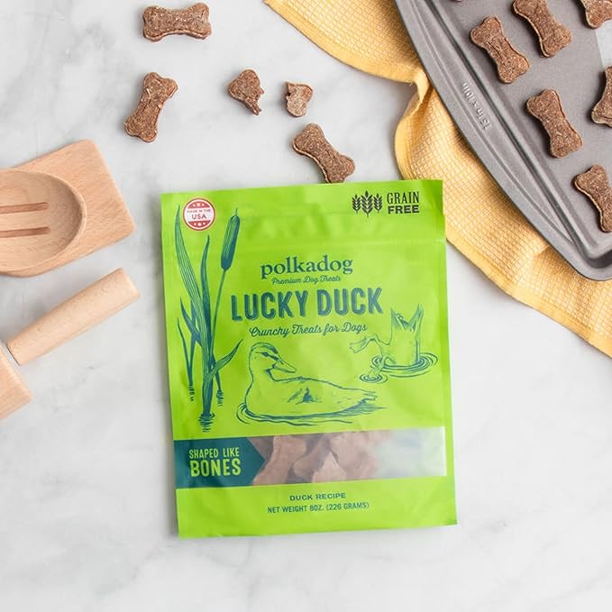 Polkadog Lucky Duck Bone-Shaped Dog Treats, Cat Snacks – All-Natural Pet Treats for Kittens, Puppies – Bite-Sized, Crunchy Snack for Dogs, Cats – 2 Ingredients – 7oz