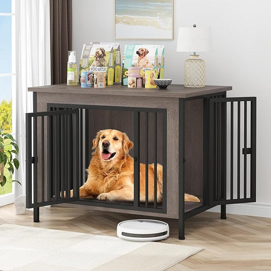 EasyCom Dog Crate Furniture for 1 or 2 Dogs, Heavy Duty Single/Double Dog Crates for Small/Medium/Large Dogs, Dog Kennel Furniture Indoor as TV Stand, Large Size 39.96" L(35-60 Pounds), Oak Grey