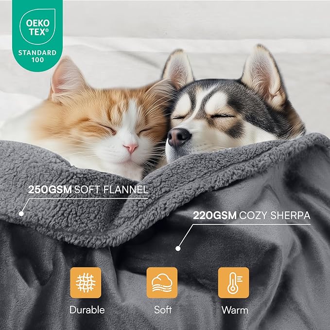Luciphia Waterproof Pet Blanket, Liquid Pee Proof Dog Blanket for Sofa Bed Couch, Reversible Sherpa Fleece Furniture Protector Cover for Small Medium Large Dogs Cats, Dark Gray Queen Size（90" x 82"）
