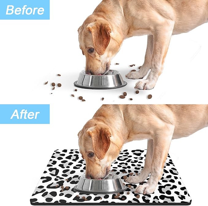 Rnivvi Dog Food Mat, 12" x 19" Leopard Absorbent Dog Cat Bowl Mat for Food and Water, Cute Anti-Slip Rubber Pet Feeding Rug Protect Floors, Puppy Placemat for Feeding & Watering Supplies, Leopard