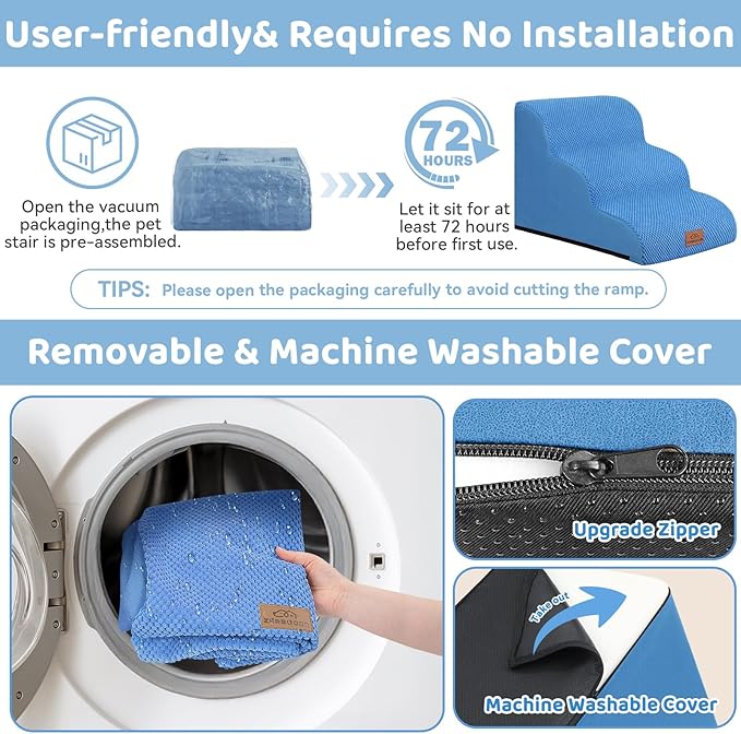 Dog Ramp and Stair for Bed 16" H-20 H,3-Step Cat Stair for Sofa and Chair,4-Step Dog Ramp for High Bed and Window,Durable Nonslip Fabric Cover for Indoor (Blue-20“H, Pet Friendly, 4)