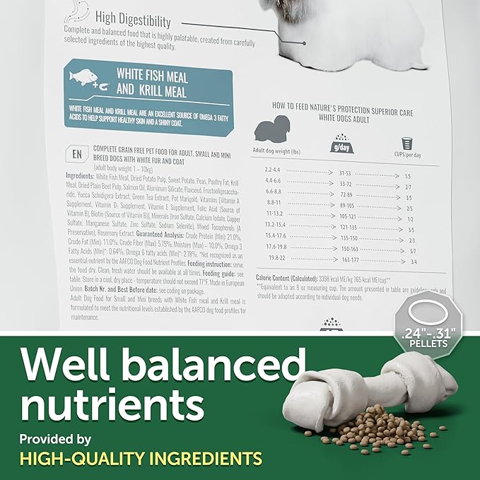 Nature's Protection Dry Dog Food for Small Breed - High Protein, Grain-Free Anti-Tear Stain Diet for White & Light Fur Adult Dogs, Small Bites Kibble (Superior Care - White Fish, 22 lb)