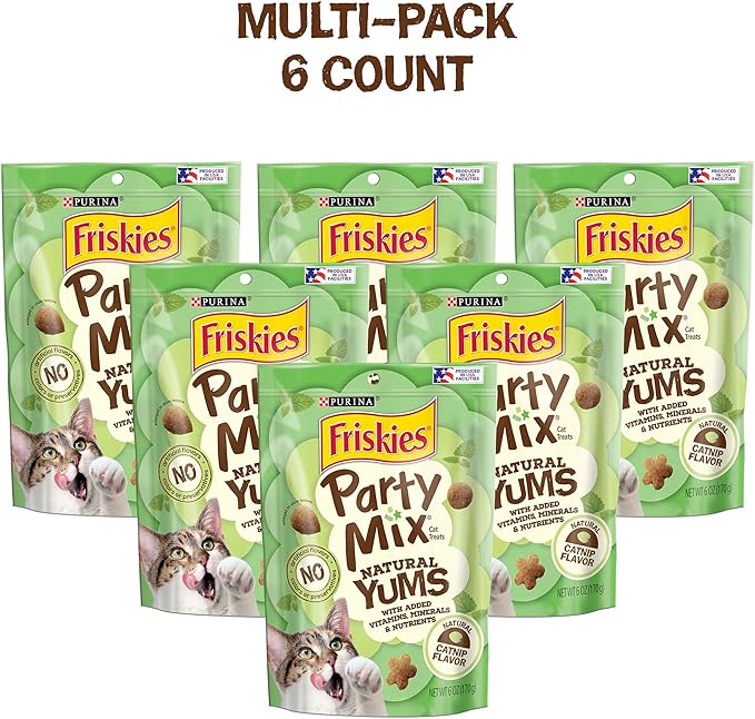 Purina Friskies Made in USA Facilities, Natural Cat Treats, Party Mix Natural Yums Catnip Flavor - (Pack of 6) 6 oz. Pouches