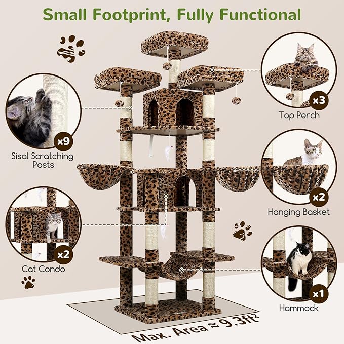 Globlazer Big Cat Tower for Indoor Cats, 80inch Cat Tower for Multiple Adult Cats XXL Cat Tree with Scratching Post, Hammock, 3 Perches, 2 Condos, 2 Hanging Basket, F80, Leopard Print