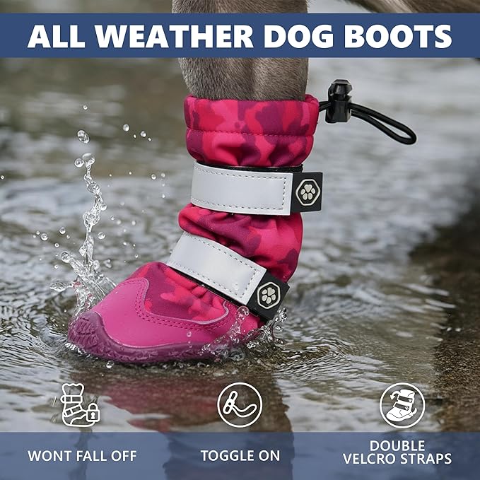 Spark Paws Dog Shoes, Waterproof Dog Boots for Medium to Large Dogs, Non Slip, Breathable Dog Booties and Paw Protectors - 4PCS Doggie Hiking Boots with Reflective Straps, Pink Camo, Size 8