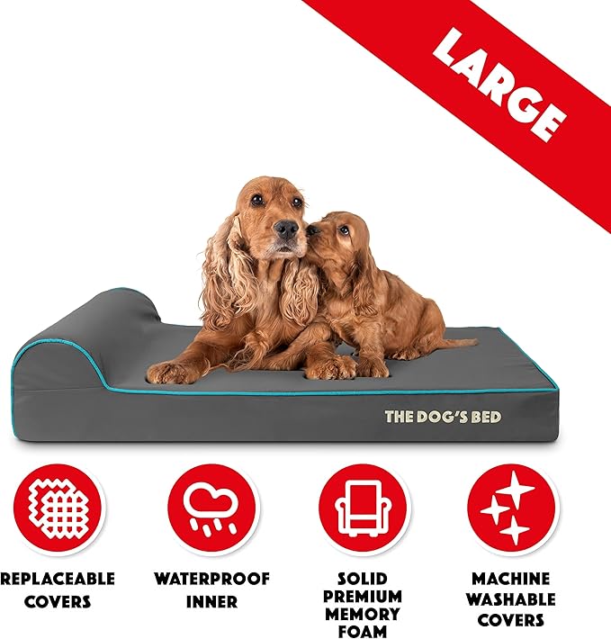 The Dog’s Bed Orthopedic Headrest Dog Bed Large Grey with Blue Trim, Memory Foam, Pain Relief for Arthritis, Hip & Elbow Dysplasia, Post Surgery, Waterproof Washable Cover