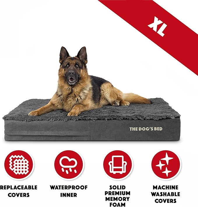 The Dog’s Bed Orthopedic Memory Foam Dog Bed, XL Grey Fur, Pain Relief for Arthritis, Hip & Elbow Dysplasia, Post Surgery, Lameness, Supportive, Calming, Waterproof Washable Cover