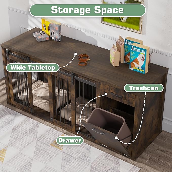 Large Dog Crate Furniture Large Breed,71 Inch Wooden Dog Crate with Tilt Out Trash Cabinet,Drawers,Divider and Sliding Barn Door, Double Doors Dogs Crate for 2 Dogs (Modern Walnut)