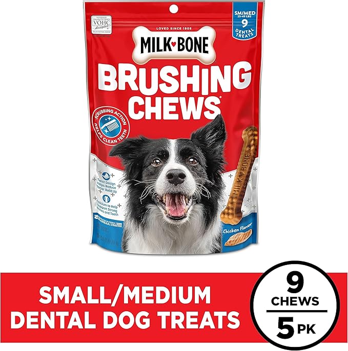 Milk-Bone Original Brushing Chews, Small/ Medium Daily Dental Dog Treats, 9 Count (Pack of 5) Scrubbing Action Helps Clean Teeth