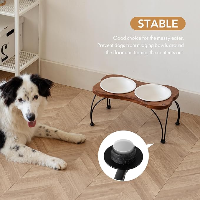 Ceramic 7.1-inch Raised Double-Bowl Set with Non-Slip Stand, Food & Water Dishes for Medium and Large Dogs, Wide Opening with Rounded Edges(Matt White)