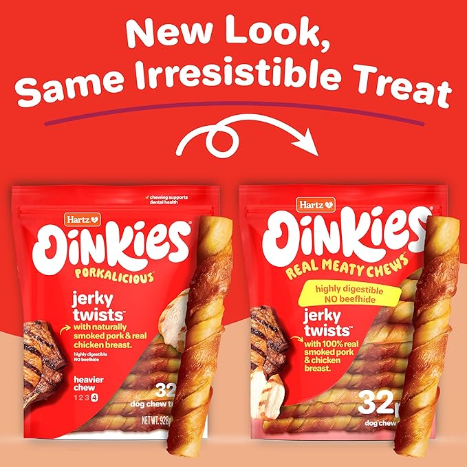 Hartz Oinkies Porkalicious Smoked Pig Skin Jerky Twists Dog Treats, 32pk