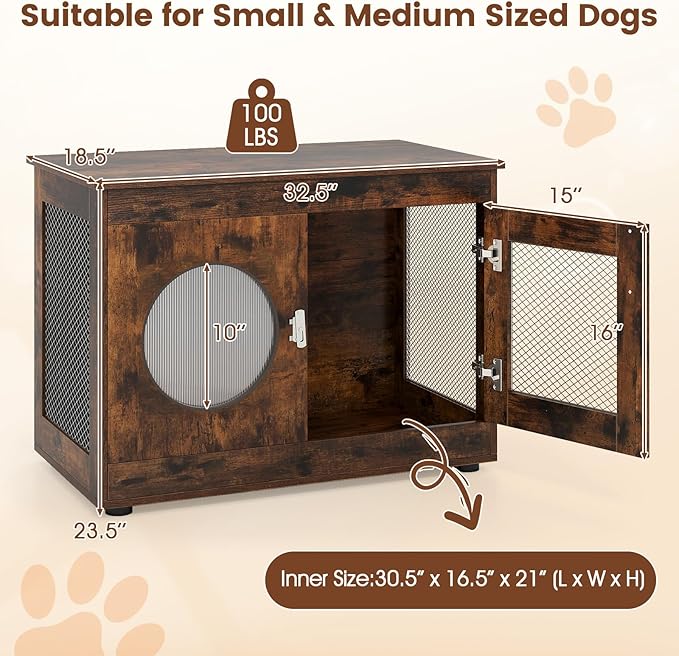 Tangkula Dog Cage Furniture, Chew-Proof Wooden Dog Crate with Metal Mesh Side Wall, Lockable Door, Translucent Window, Industrial Pet Kennel Indoor Furniture for Small & Medium Dogs (Rustic Brown)