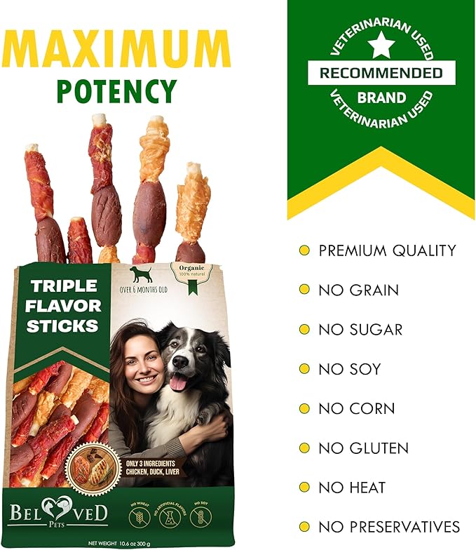 Dog Treats Rawhide Sticks Wrapped with Chicken 11 oz Pet Natural Chew Treats - Grain Free Meat & Human Grade Dried Snacks - Best for Small & Large Dogs (10.6 Ounce (Pack of 1), Triple Sticks)