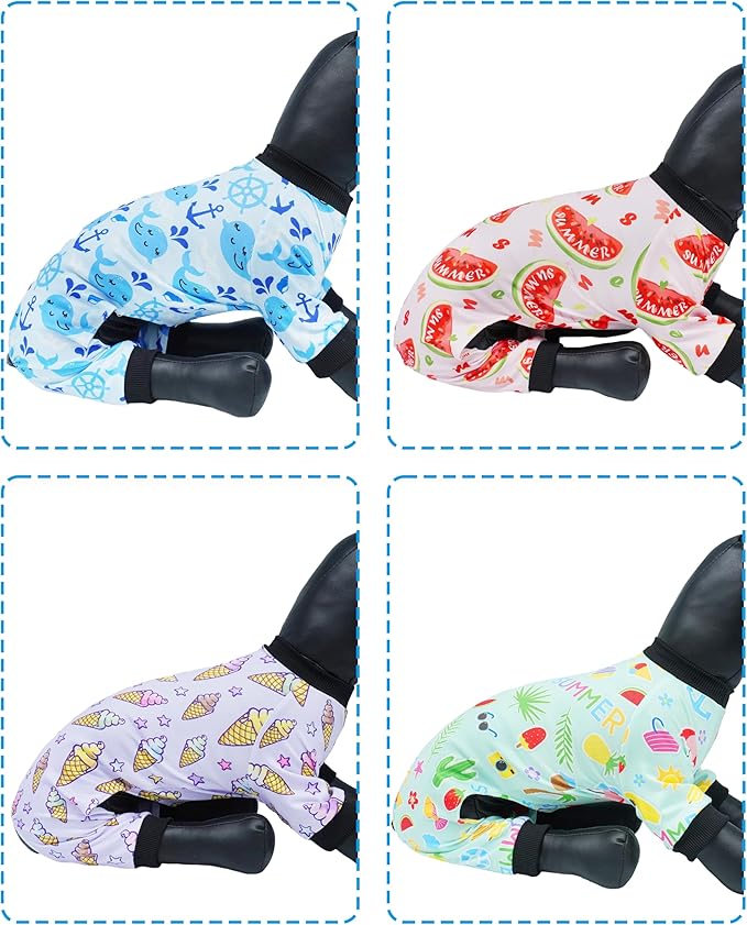 PET SHOW 4 Pack Small Dog Pajamas for Medium Dogs Girl Boy Watermelon Soft Stretchy PJs Whale Ice Cream Jumpsuit Puppy Floral Onesies Outfits with Sleeve Pets Breathable Summer Dog Clothes Costume L