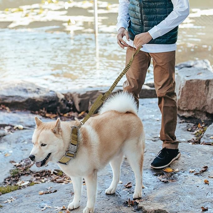 Tactical Dog Collar, Adjustable Nylon, Heavy Duty Metal Buckle with Handle, Airtag Protective Case, Brown, L, Medium & Large Breeds