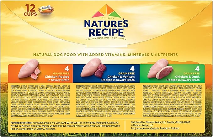 Nature’s Recipe Grain Free Chicken Recipe, Chicken & Venison Recipe and Chicken & Duck Recipe in Savory Broth Variety Pack Wet Dog Food, 12-2.75 oz. Cups, 2 Count