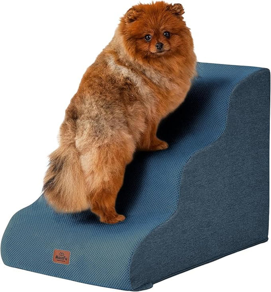 Navy Blue Curved Dog Stairs Ramp for Small Dogs & Cats 17.1" H, 3-Step Dog Steps for Couch Sofa and Chair, Pet Stairs for Cats, Non-Slip Balanced Pet Steps