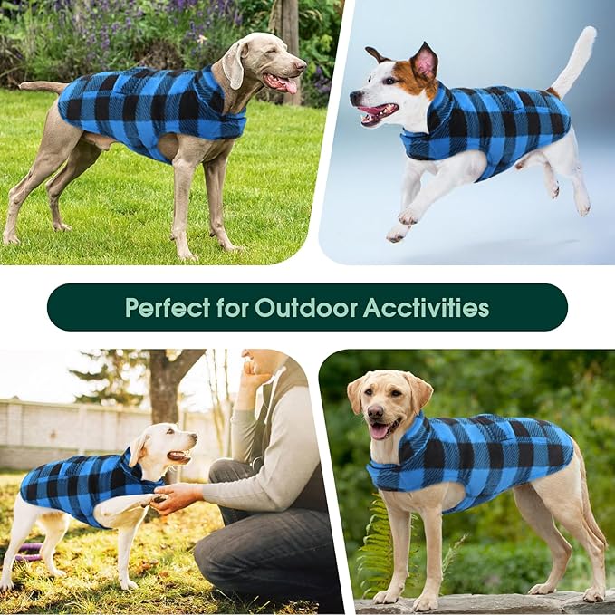 Kuoser Dog Winter Coat, Windproof Dog Fleece Jacket British Style Plaid Cold Weather Doggie Vest Coats, Reversible Cozy Warm Pet Clothes Apparel for Large Size Dogs L