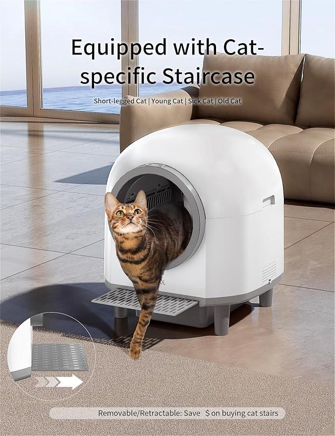 Automatic Cat Litter Box Self Cleaning,Smart Litter Box with 10 Safety Sensor Radars,100L Electric Cat Litter Boxes with Stairs for Multiple Cats,APP-Control,Advanced Odor Control OMCPET (White)