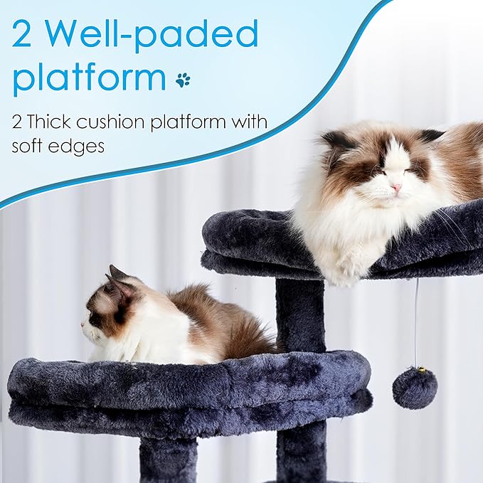 Hey-brother Cat Tree, 74 inches Multi-Level XL Large Cat Tower for Indoor Cats with Three Cat Condos, Two Large Top Decks and Cat Hairbrushfor Kittens, Cats and Pets, Smoky Gray MPJ035-MG