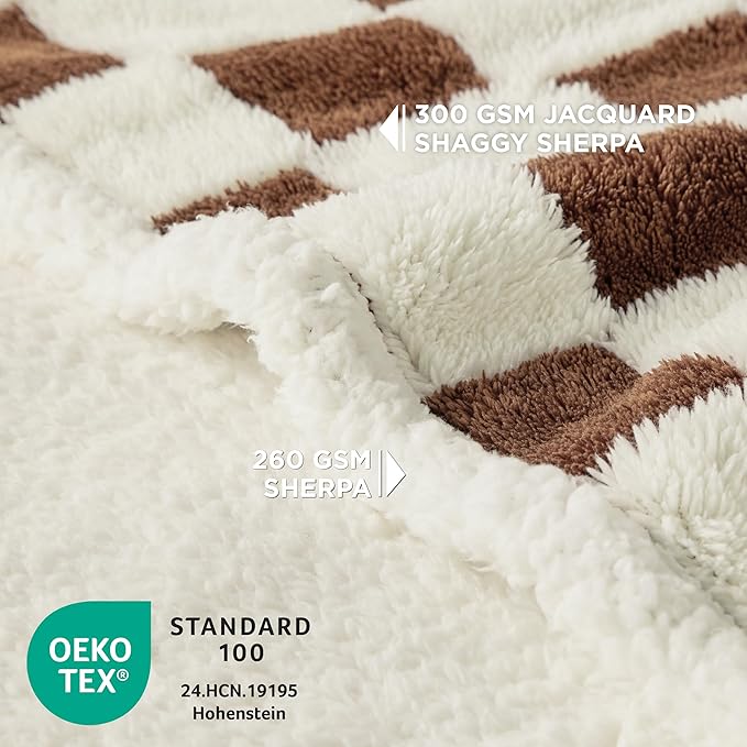 Lesure Waterproof Dog Blanket for Large Dogs - Washable Double Sided Dog Blankets with Warm Jacquard Shag and Soft Sherpa Fleece, Pet Cat Blanket for Bed Protection, 3D Textured Checks, Brown