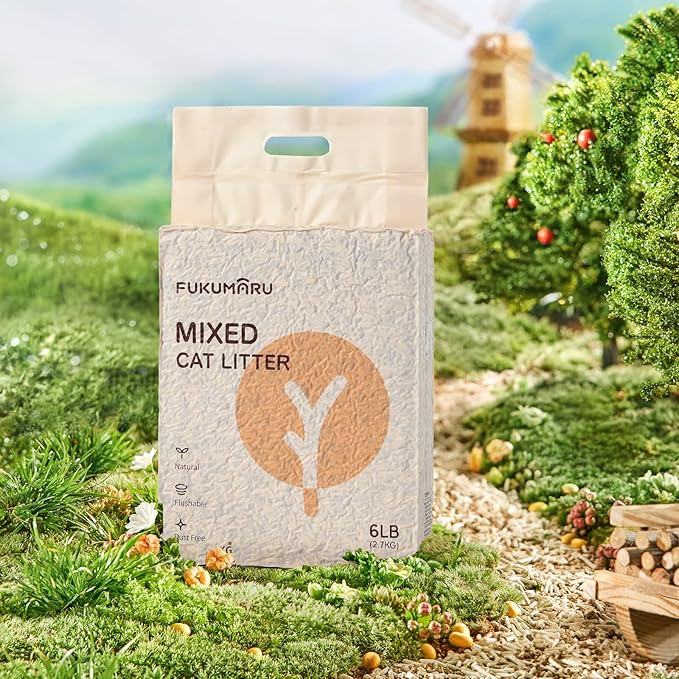 FUKUMARU Tofu Cat Litter, 12 LBS Clumping Cat Litter, Dust Free, Natural, Unscented, Flushable, Lightweight, Low Tracking, Mixed Apple Wood, 24/7 Odor Control, 6 lb x 2 Bags