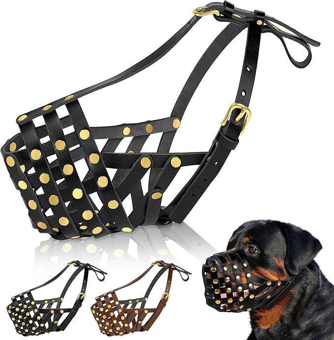 OOPSDOGGY Rottweiler Dog Muzzle for Large Dogs - Leather Breathable Secure Basket Muzzle for Large Breeds Prevents Biting No Chewing Adjustable (Black, Size 5 - Rottweiler)