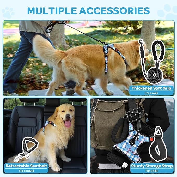 FURRYFECTION Plaid Dog Harness for Large Dogs | No Pull Reflective Pet Harness | No Choke Adjustable Dog Vest Harnesses | with Leash | Easy Control Handle | Front Lead | Seat Belt | Blue&White | XL