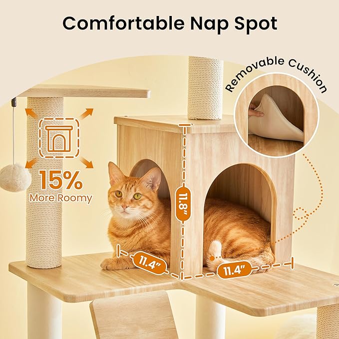 Large Modern Cat Tree - 70 inch Tall Cat Tower for Indoor Cats, Multi-Level Cat Condo with 7 Fully Wrapped Scratching Posts,2 Spacious Perches, Hammock, Cozy Pad & Dangling Balls-Light Brown