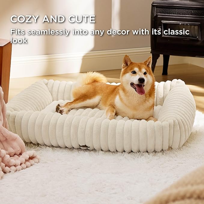 Bedsure Cute Dog Beds Large Sized Dog - Washable Furry Pet Beds, Rectangle Orthopedic Corduroy Fleece Puppy Beds with Removable Zipper Cover, 36x27x8inches, Cream