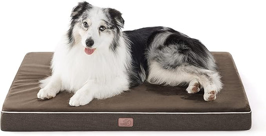 Bedsure Memory Foam Dog Beds Large Sized Dog - Orthopedic Pet Beds for Crate with Removable Washable Cover and Nonskid Bottom, Plush Flannel Fleece Top Pet Mat, Brown