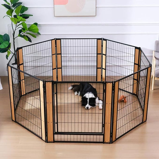 Heavy Duty Dog Playpen 32 Inch Height - Indoor Outdoor Pet Fence Enclosure for Medium and Small Dogs - Foldable Puppy Exercise Pen for Indoor and RV Camping or Yard (8 Panels, 32" H (Oak))