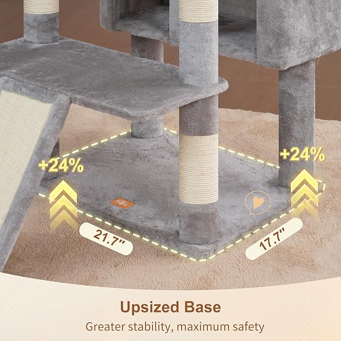 Heybly Tall Cat Tree for Large Cat, 80-inch Multi-Level Cat Tower for Indoor Cats with Large Baseboard, Condo Furniture with 2 Widened Plush Perches,Scratching Board and Big Caves, Light Gray HCT038W