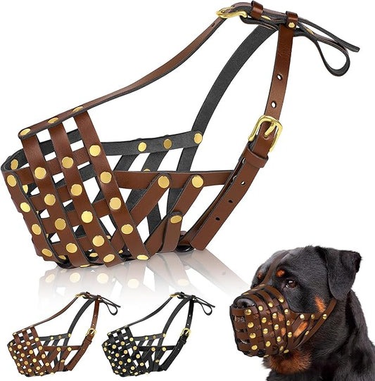 OOPSDOGGY Rottweiler Dog Muzzle for Large Dogs - Leather Breathable Secure Basket Muzzle for Large Breeds Prevents Biting No Chewing Adjustable (Brown, Size 5 - Rottweiler)