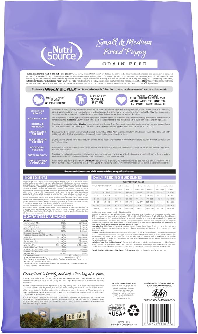 NutriSource Grain Free Dry Puppy Food for Small and Medium Breeds, Turkey, Whitefish and Menhaden Fish Meal, 12LB
