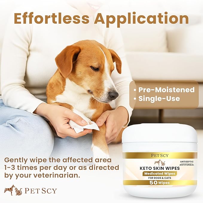 Petscy Travel Keto Skin Wipes - Antiseptic Dog Wipes for Paws, Ears, Facial Folds, Underarms & Other Sensitive Areas for Dogs & Cats – Aloe-Infused, Non-Greasy Formula - 50 Wipes