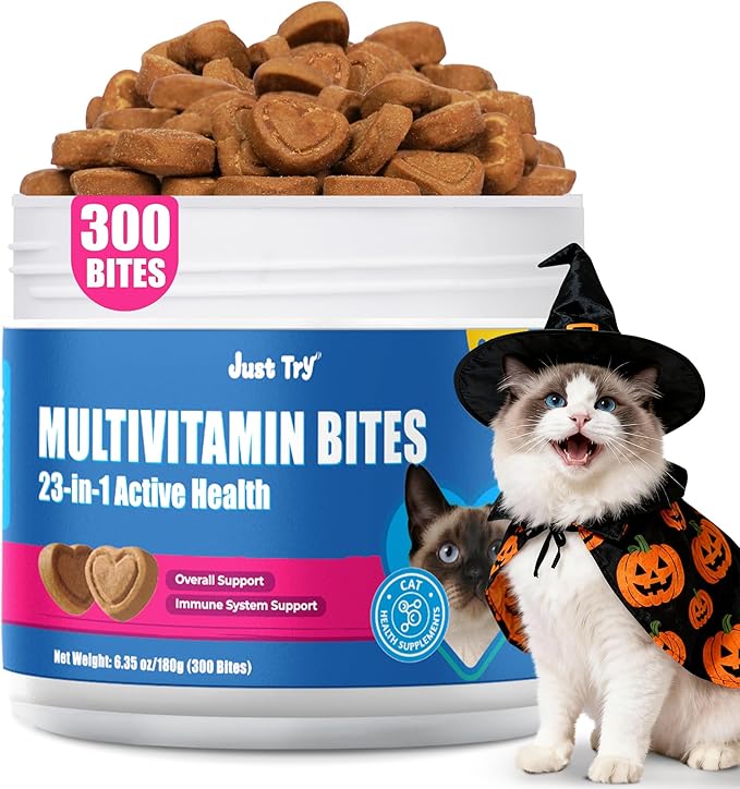 Just Try 23 in 1 Cat Vitamins Bites - Cat Treats for Immune, Skin & Coat & Heart Health - Multivitamin, Taurine, Omega 3, Biotin, Lysine for Cats - Daily Supplements for Indoor Cats (300 Bites)